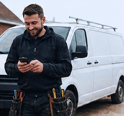 Tradesperson using a mobile phone beside an unbranded work van