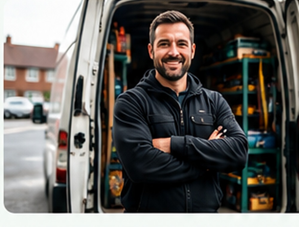 Tradesperson using digital tools beside a work van