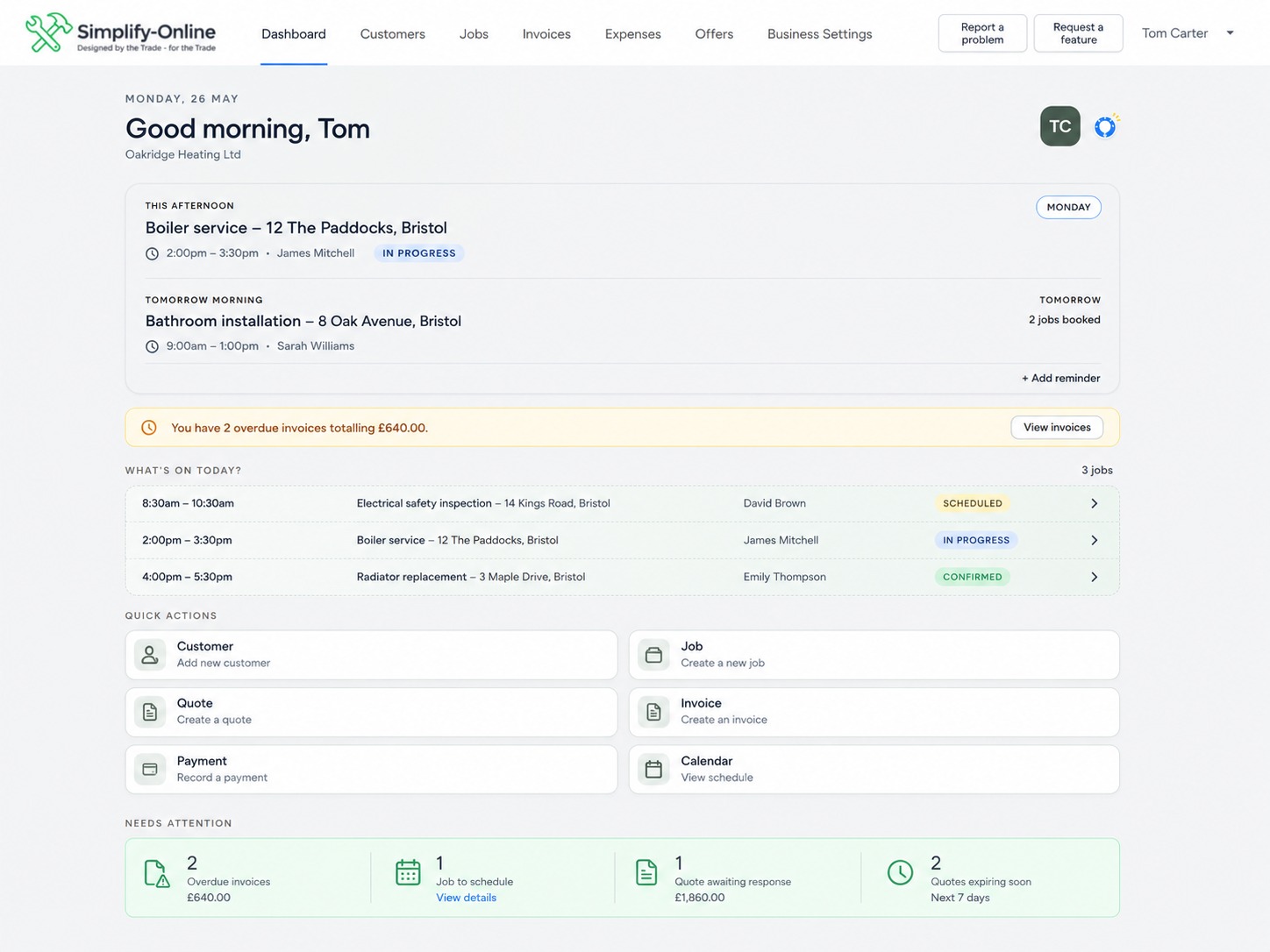Simplify Online dashboard showing jobs, reminders and quick actions